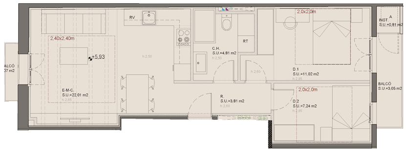 First floor 2nd plan at Oleares: 70.80 sqm built area with 2 bedrooms, 2 full bathrooms, and 3.05 sqm private terrace.