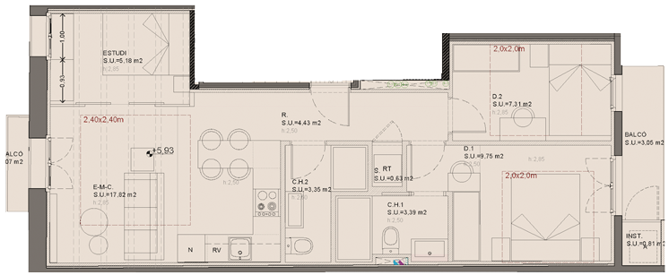 First floor 1st plan at Oleares: 70.80 sqm built area featuring 2 bedrooms, 2 bathrooms, open-plan living area, and 3.05 sqm terrace.