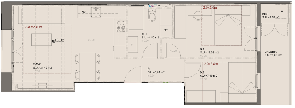 Plano de planta entresuelo 2ª en Oleares: 66,46 m² construidos con 2 dormitorios, 1 baño completo y terraza de 5,88 m².