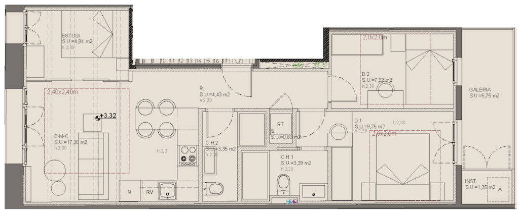 Mezzanine floor 1st plan at Oleares: 71.48 sqm built area with 2 bedrooms, 2 bathrooms, open-plan kitchen, and 5.75 sqm terrace.