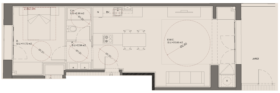 Floor plan of Ground Floor 1st at Oleares: 57.67 sqm built area featuring 1 bedroom, a 27 sqm open-plan living-dining-kitchen area, and 1 bathroom.