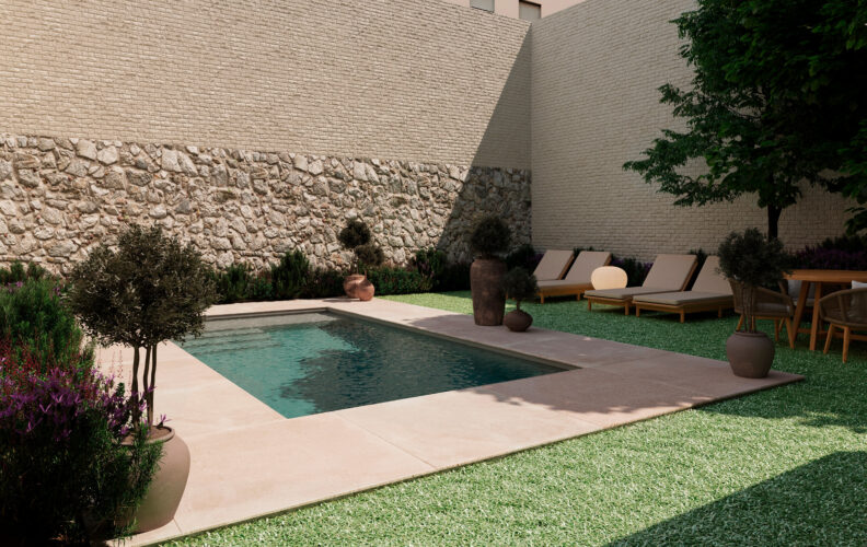 Communal rooftop swimming pool at Oleares building, Barcelona.