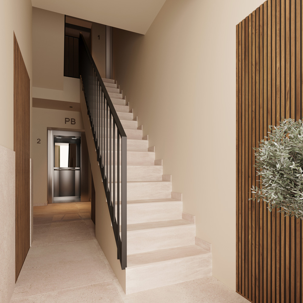 Modern entrance hall and staircase design with wooden panels at Oleares, Torre d'en Damians.