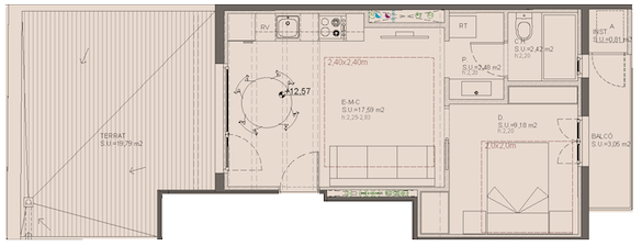 Penthouse 1st floor plan at Oleares: 42.50 sqm apartment featuring 1 bedroom, open-plan kitchen, and a large 19.84 sqm private terrace plus balcony.