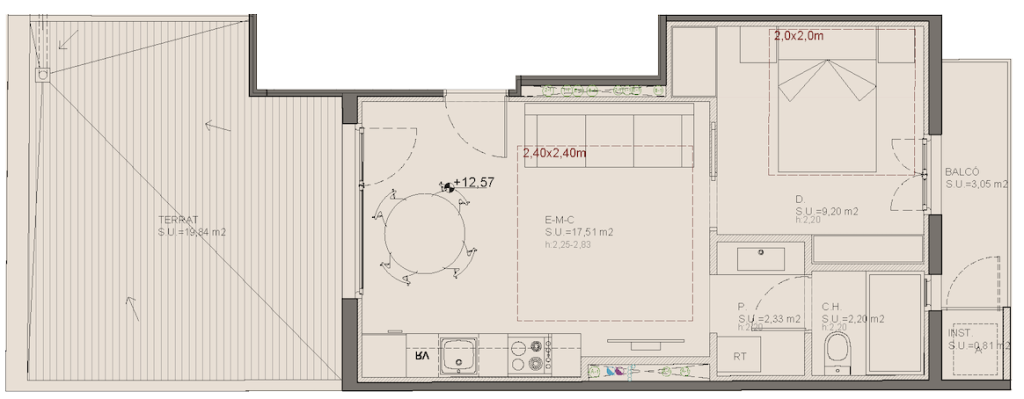Penthouse 2nd floor plan at Oleares: 42.50 sqm layout with one bedroom, integrated living area, and a spectacular 19.84 sqm rooftop terrace.