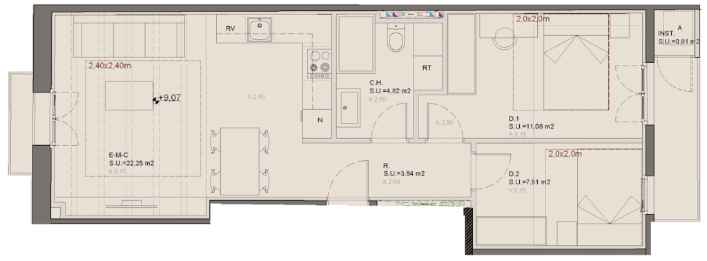Second floor 1st plan at Oleares: 70.80 sqm layout featuring 2 bedrooms, a dedicated study area, 2 bathrooms, and a 4.11 sqm terrace.