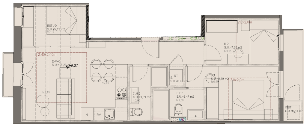 Second floor 2nd plan at Oleares: 70.80 sqm apartment with 2 bedrooms, study space, 2 full bathrooms, and private terrace.