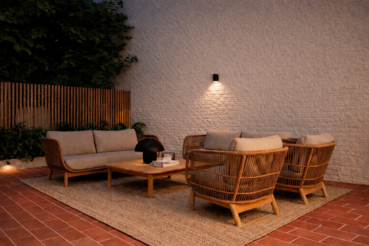 Private terrace lounge area with designer outdoor furniture at Oleares, Barcelona.